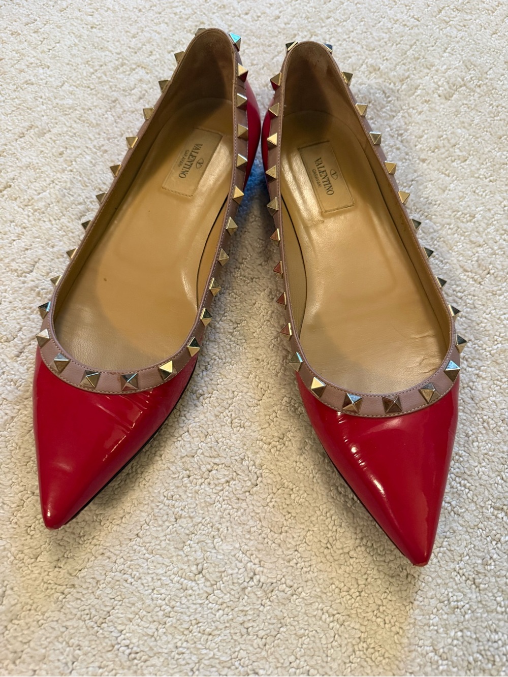 Valentino Rockstud Red Patent Leather Pointed Toe Flats 39.5